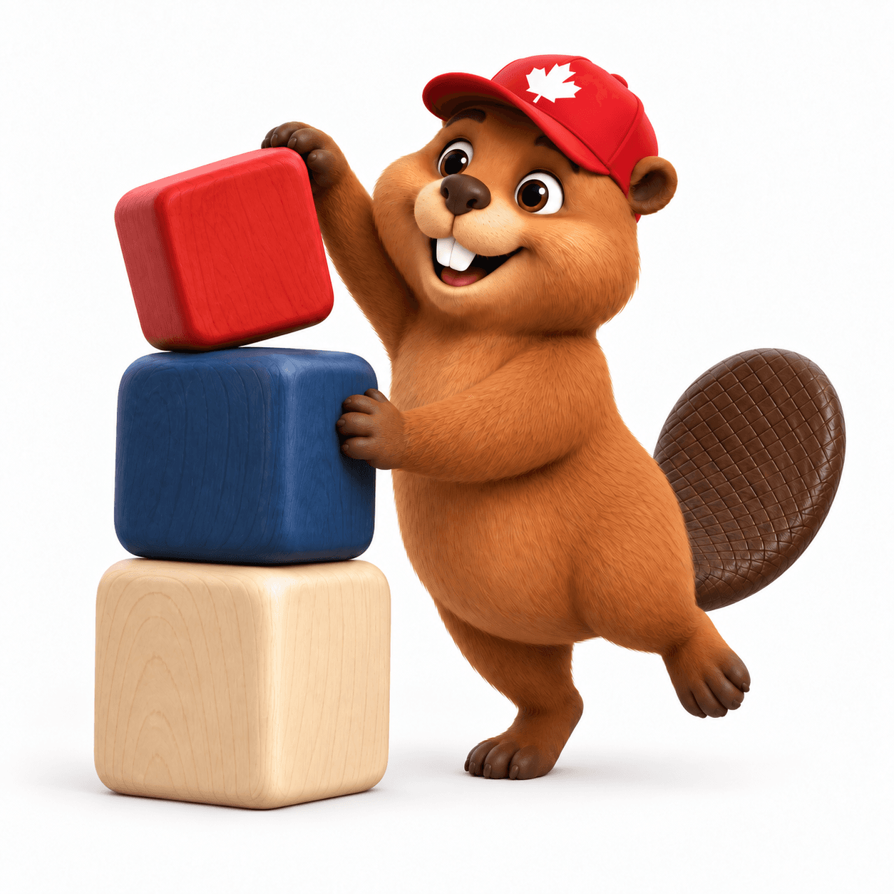 The beaver carefully balancing a stack of blocks